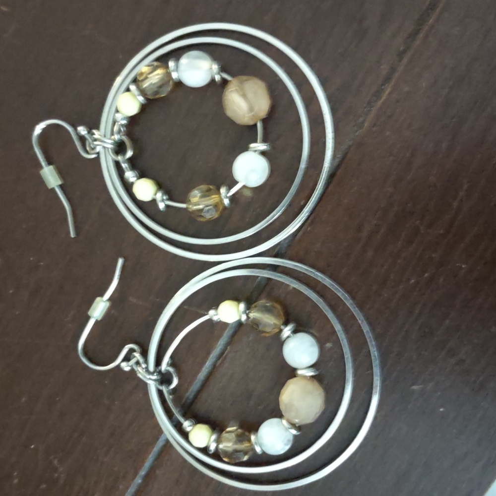 Earrings, Pierced, Fishhook, Silver With Beads- Yellow, Brown, Cream